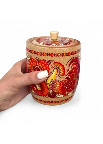 Деревянная бочка для сахара "Светлый, красные цветы и калина" 13*12 см., красивый подарок в подарочной коробке Україна ТД (386266768)