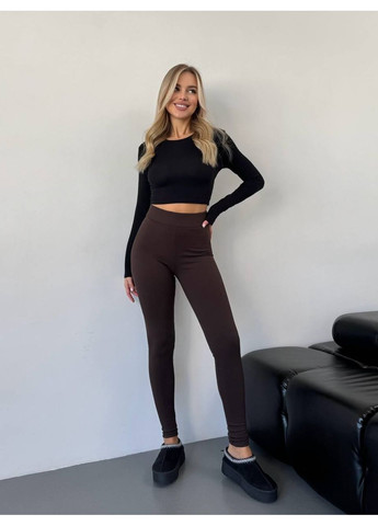 Жіночі лосини в рубчик на флiсi коричневого кольору 35722 No Brand (366530965)