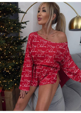 Червона зимня жіноча піжама трійка футболка + шорти + брюки No Brand