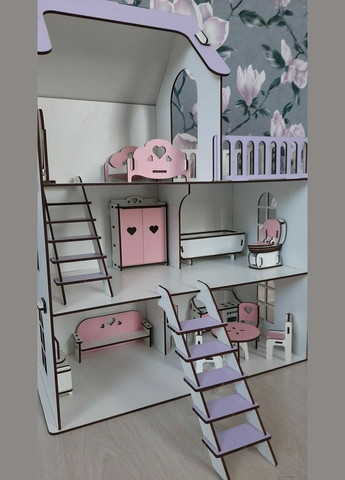 Деревянный детский кукольный самосборный домик для кукол, 5 комнат, с мебелью, с террасой и лестницей, с хдф No Brand (305220301)