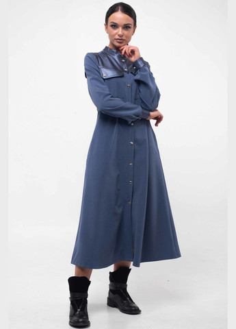 Синее повседневный платье полуприлегающего силуэта длиной меди с верхней экокожаной деталью (вл 5.1-77/19) RiMari