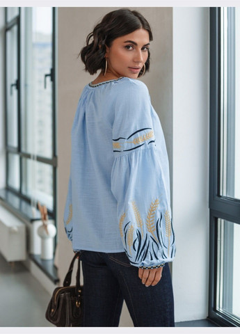 Блакитна блакитна блузка з вишивкою колосками Dressa візерунок однотонний вільна (324389510)