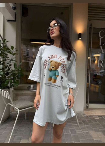 Женское летнее удлиненное платье-футболка удлиненное с принтом мишка желтая лимонная Україна - (339402870)