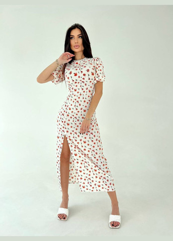 Молочное женское платье в принт цветы с софтом. No Brand