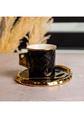 Чашка порцелянова для кави 200 (мл) з блюдцем і ложкою, гарна чашка в подарунок Чорний із золотом FM-1A Yiwu (371346000)