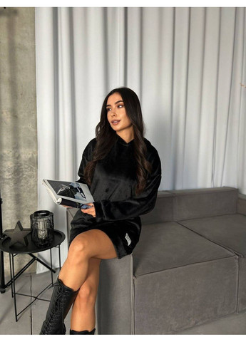 Черное платье-туника махра двухстороннее очень теплое с капюшоном Україна