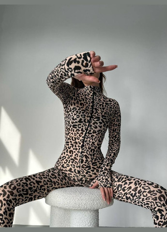 Женский комбенизон с молнией No Brand комбинезон-брюки леопардовый серо-бежевый спортивный, повседневный, вечерний, домашний, кэжуал