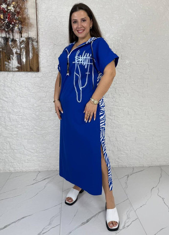 Синее повседневный базовое повседневное легкое летнее прямое меди платье с капюшоном и зебровым узором сзади Tik-Tak зебра