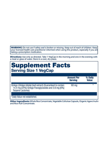 Ginkgo Biloba Leaf Extract 60mg екстракт гінкго білоба для підтримки мозку та пам'яті антиоксидантний Solaray (368989071)