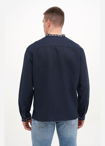 Синяя мужская вышиванка с растительным орнаментом и калиной на пуговице марко. белый, р.52, код 9458/52/101 ГАЛЕРЕЯ ЛЬОНУ лен (333164749)