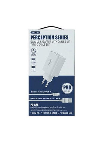 Зарядний пристрій (PD-A28i-WH) Proda PD-A28i 2хUSB 2.4A + USB Ligthtning 1.0m (370014905)