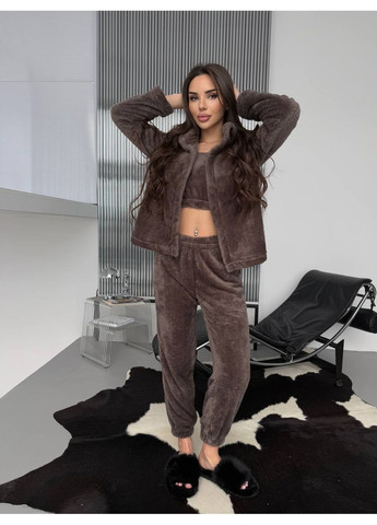 Коричневая зимняя пижама 349 тройка турецкая двухсторонняя махра топ,штаны, кофта с капюшоном Україна