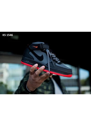 Черные демисезонные кроссовки мужские nike air force 1 high black/grey/red найк аир форс 1 черные No Brand