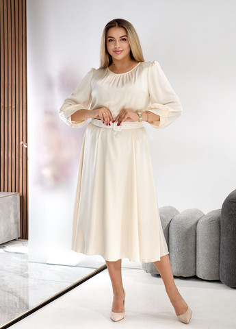 Светло-бежевое праздничный, коктейльное, вечернее вечернее платье миди с длинными рукавами и поясом колокол, а-силуэт No Brand однотонное