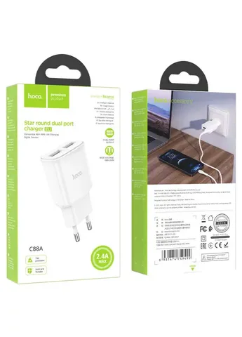 Мережевий зарядний пристрій dual port charger 12W White 001-6931474749499 Hoco C88A Star round (410200609)