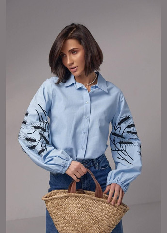 Голубая женская вышиванка, рубашка с вышитыми колосьями S M L(42 44 46) No Brand (290282232)