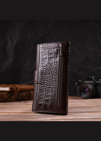 Містке вертикальне чоловіче портмоне з натуральної шкіри з тисненням під крокодила 21837 Коричневе Canpellini (298568704)