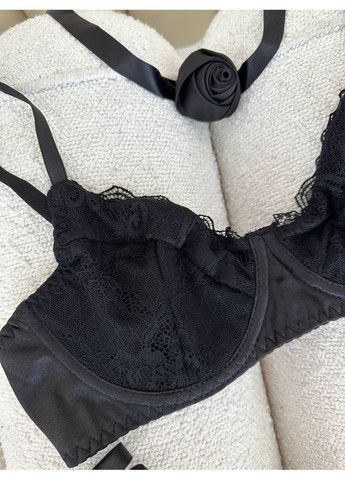 Чёрный балконет комплект женского белья | нежный с юбкой, ремешком и чокером, черный. Vital-Textile полиэстер, эластан
