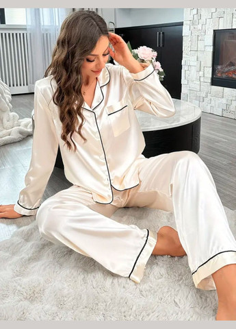 Біла всесезон жіноча шовкова смарагдова піжама з білим кантом (сорочка + штани) сорочка + брюки GorLin