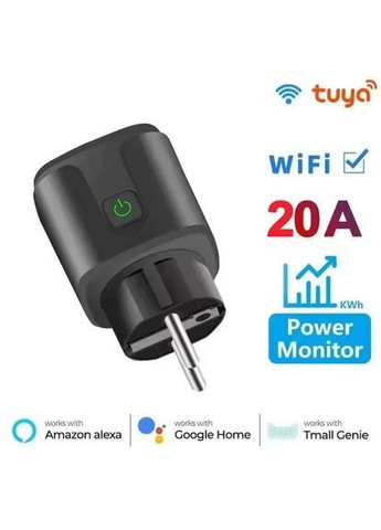 Смарт-розетка Tuya Smart WiFi Head 20A з лічильником електроенергії, дистанційним керуванням та таймером, чорна China (362354657)
