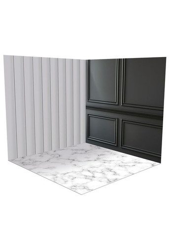 Виниловый угловой фотофон 3D белая рейка и чёрная классическая панель, пол мрамор и белая доска 80×80 см, №58388 PhotoVinyl (354367290)