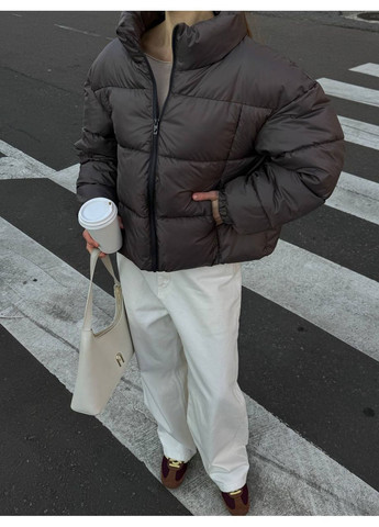 Темно-коричневая зимняя куртка пуфер дорогая плащевка+ наполнитель пух, с карманами Україна