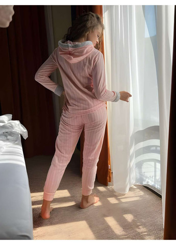 Персикова жіноча тепла флісова піжама з капюшоном, теплий домашній костюм No Brand