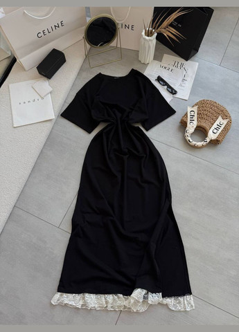 Черное кэжуал женское платье макси с кружевом MonCher