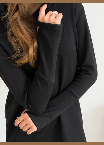 Черное повседневный, кэжуал длинное платье с капюшоном на флисе Vakko однотонное