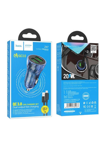Автомобильное Зарядное Устройство Z47 Transparent QC3.0 18W Type C Цвет Прозрачный синий Hoco (340935374)