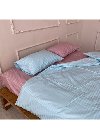 Постельное белье с резинкой Пудра + лазурная страйп сатин PREMIUM Двуспальный размер, наволочки 70/70 No Brand (364218964)