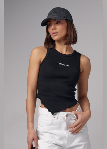 Женская майка в рубчик с асимметрией и надписью Amour Lurex — 284116518