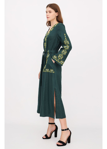 Зелена довга жіноча сукня з льону під пояс з квітковою вишивкою та довгим рукавом людмила., р., код 0480/42/331 ГАЛЕРЕЯ ЛЬОНУ