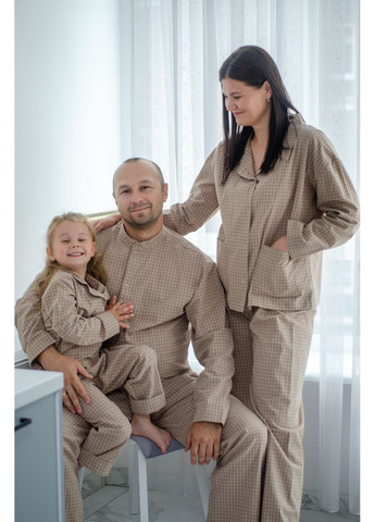 Бежева зимня дитяча бавовняна піжама у клітинку бежева сорочка + брюки PAPLYK