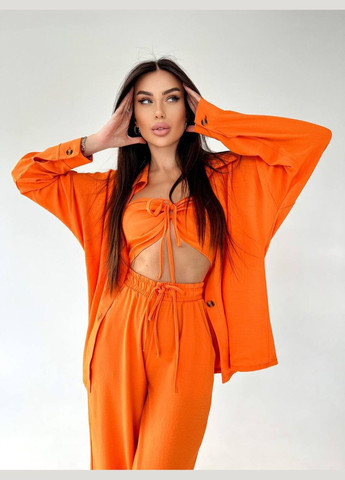 Шикарный оранжевый летний костюм тройка из креп-жатки, красивый открытый костюм идеально подходящий для прогулки No Brand 060-3 (293244774)
