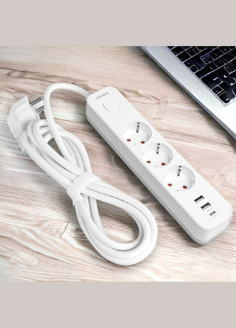 Сетевой удлинитель 3 м 3 гнезда с 2USB+USBC заземлением и кнопкой VF-PD33G2U1C-W Videx (282312809)