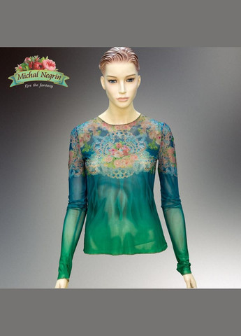 Синяя блуза женская "зеленый водопад" с кристаллами swarovski и цветочным принтом, ручная работа (р-s) Michal Negrin