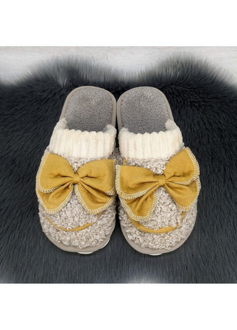 Бежевые тапочки женские домашние меховые с бантиком Fashion