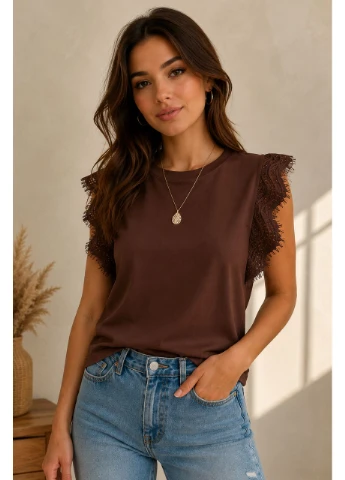 Женский топ с кружевными рукавами XL (52-54) бежевый / / коричневый No Brand — 399502638