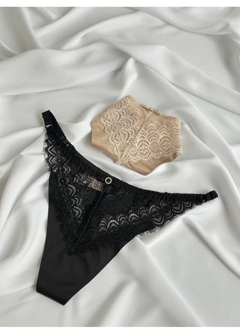 Сет жіночих трусиків-стрінгів мереживних чорний/бежевий. Комплект жіночої спідньої білизни з двох мереживних стрінгів. No Brand (365550106)