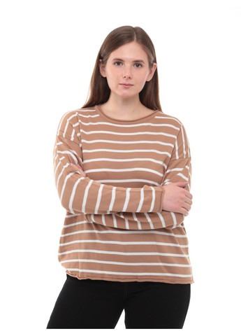 Бежевый демисезонный свитер женский бежевый в полоску тонкий свободный джемпер Karon Вільна