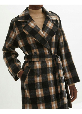 Комбіноване демісезонне Жіноче пальто в клітинку з поясом -40 двобортне Bpc