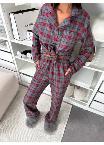Сіро-червона всесезон жіноча піжама в клітинку сорочка + брюки FINO Mode
