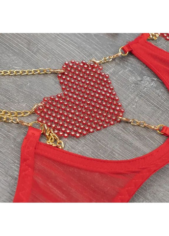 Красный демисезонный смелый комплект нижнего белья из микросетки – открытый бюстгальтер, стринги, пояс с гартерами и перчатки. No Brand