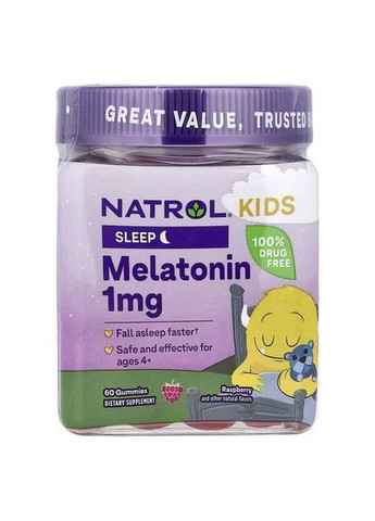 Kids, мелатонін для дітей віком від 4 років, малина, 1 мг, 60 жувальних мармеладок Natrol (361858579)