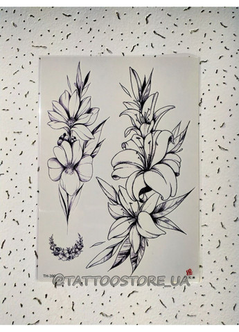 Тимчасове тату-набір Лілея чорна 21х15 см, Fine Line, контурні (TH390) Tattoo (366890970)