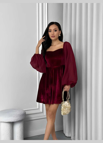 Бордовое коктейльное, праздничный, карнавальный, вечернее женское черное бархатное короткое платье рукава шифон на выход Україна