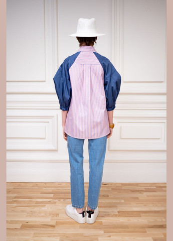 Синіти бавовняна смугаста сорочка з пишним фактурним рукавом емі Dolcedonna