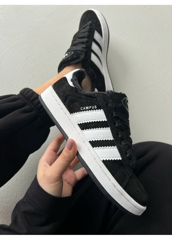 Чорні Осінні кросівки чоловічі adidas campus black white winter fur адідас кампус No Brand