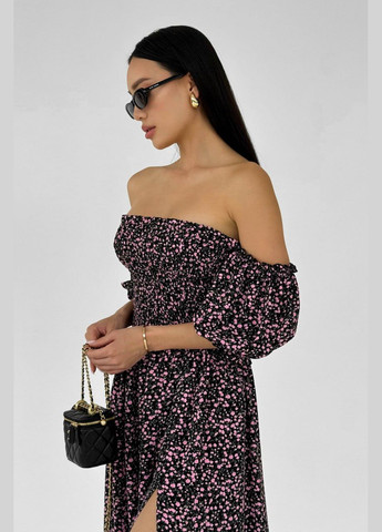 Чорна повсякденний, кежуал літня сукня чорного кольору з рожевими квіточками Jadone Fashion з квітковим принтом